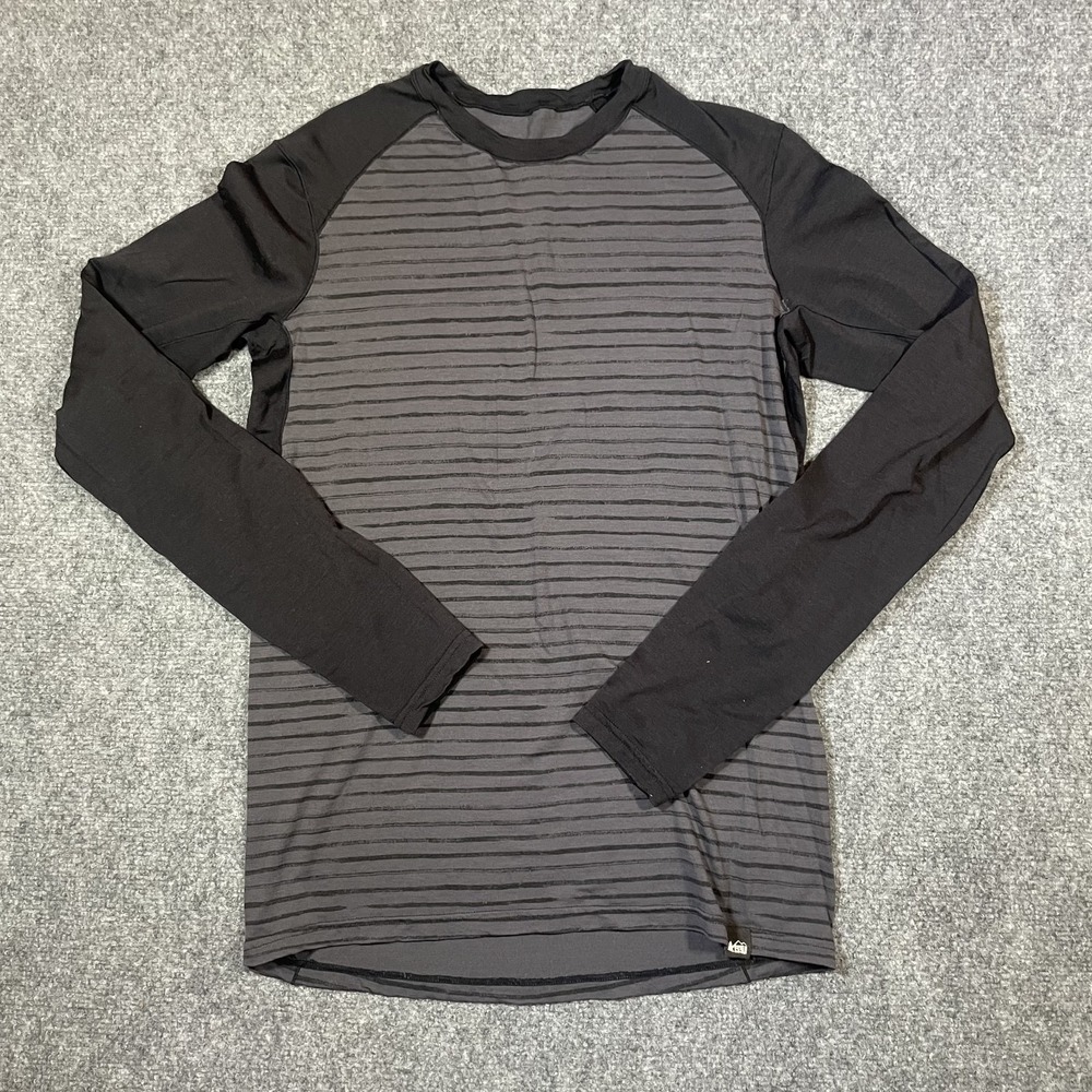 REI Men's Merino Wool Shirt Long Sleeve Base Layer Small Striped Black Grey